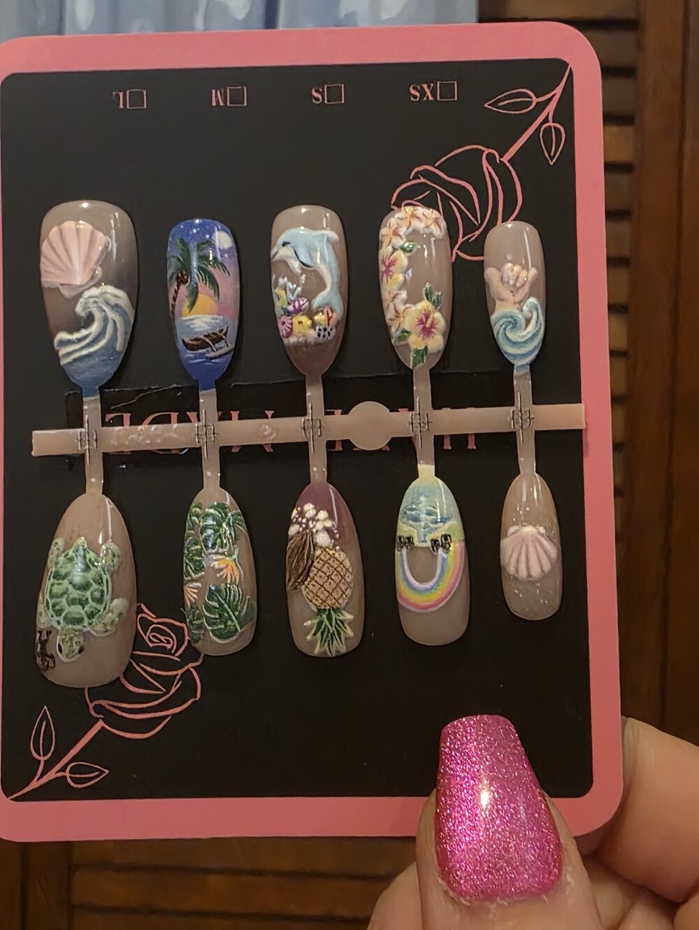 Hand-Painted Tropical Press-On Nail Set - Neutral Base with Colorful Art